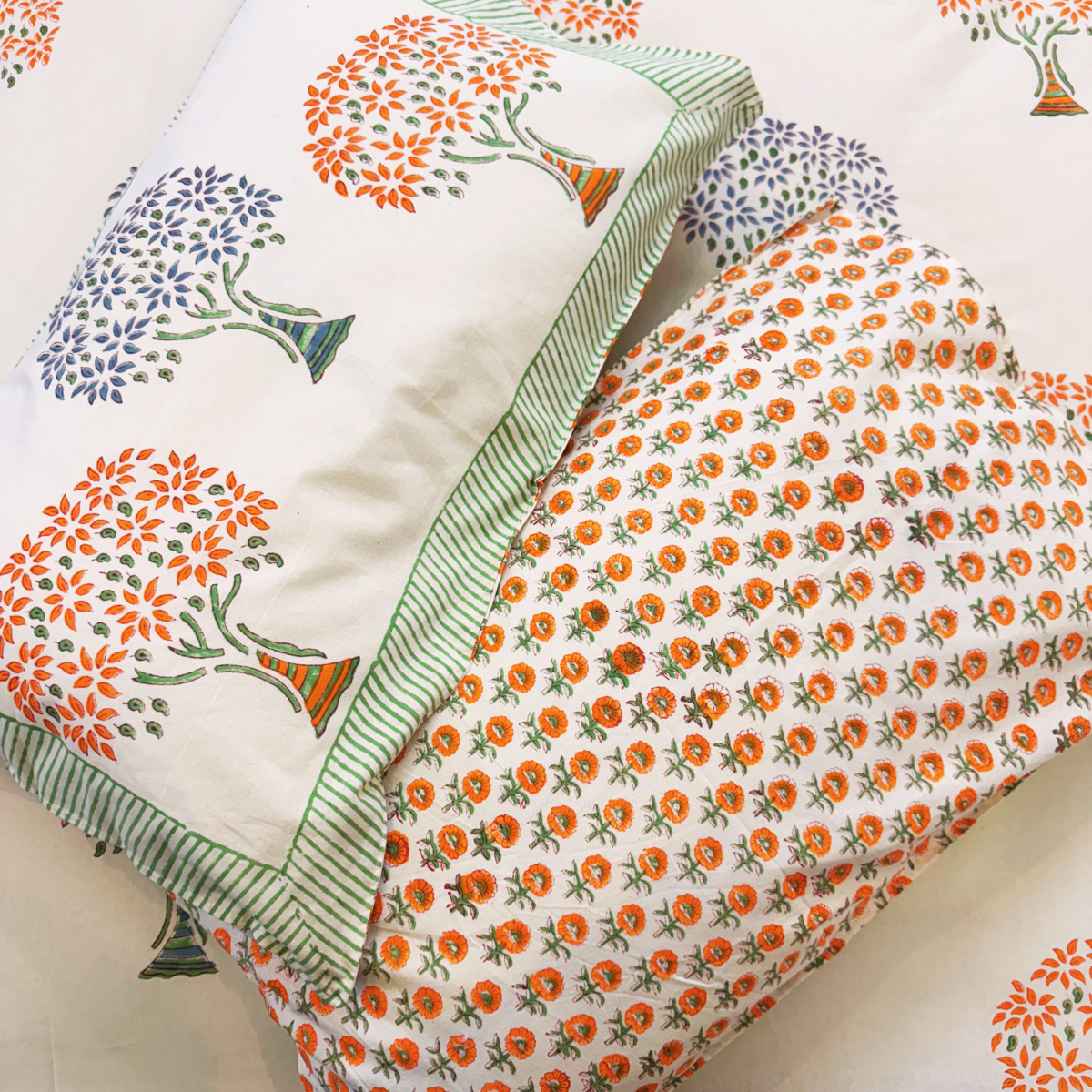 Taruna Block Print Bedsheet Set, King Size, 210 TC, 108" x 108"