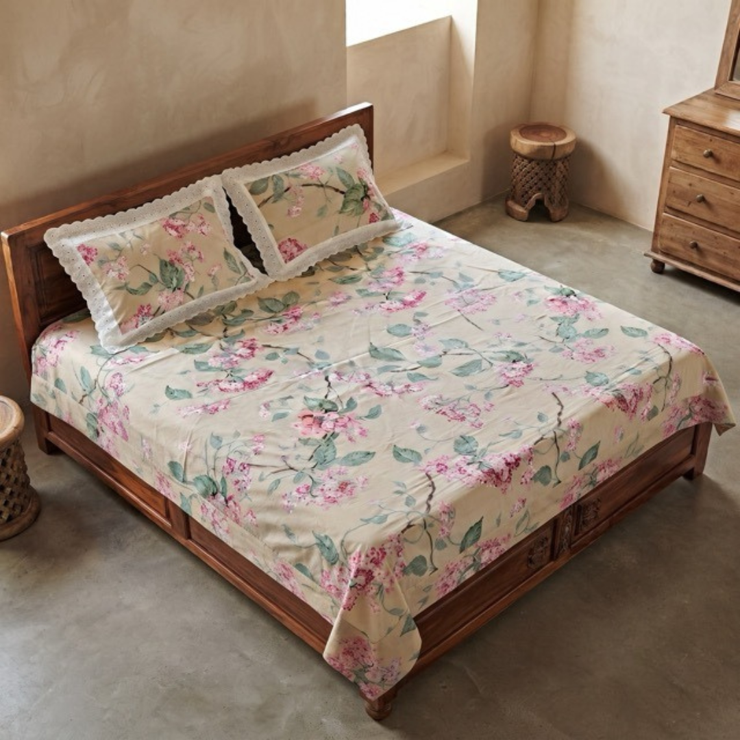 Lumos Botanic Print Bedsheet Set, King Size, Lace Pillows