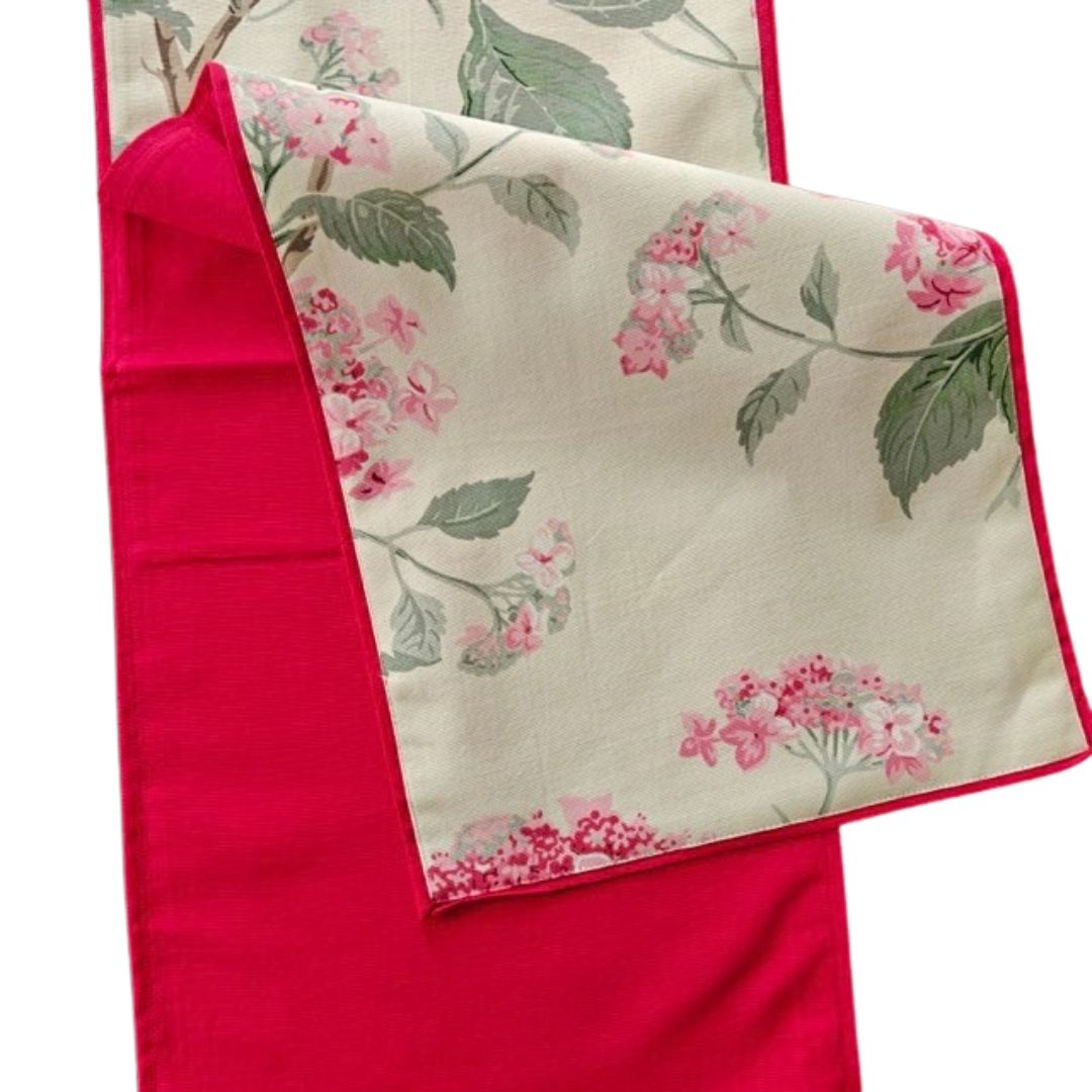 Pink floral table runner fabric detail