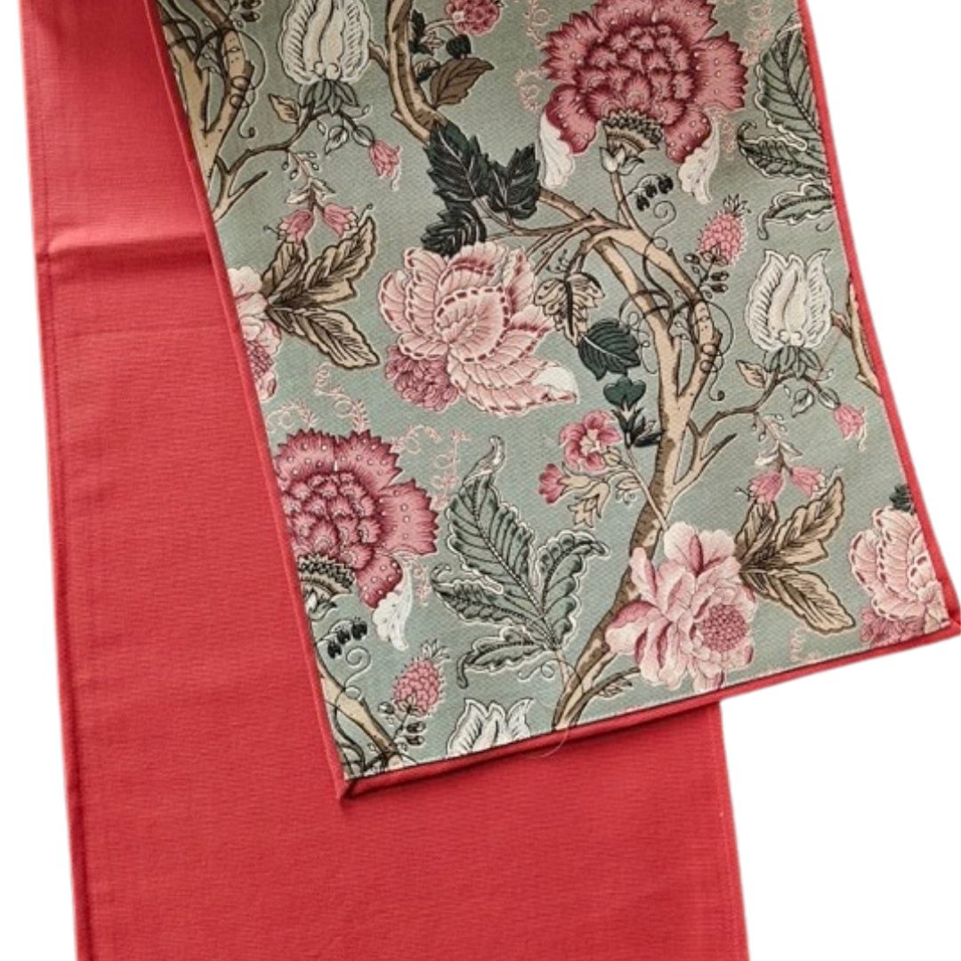 Floral table runner with contrasting pink backing