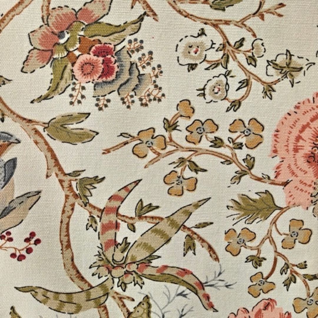 Close-up of floral print with pink flowers and leafy branches