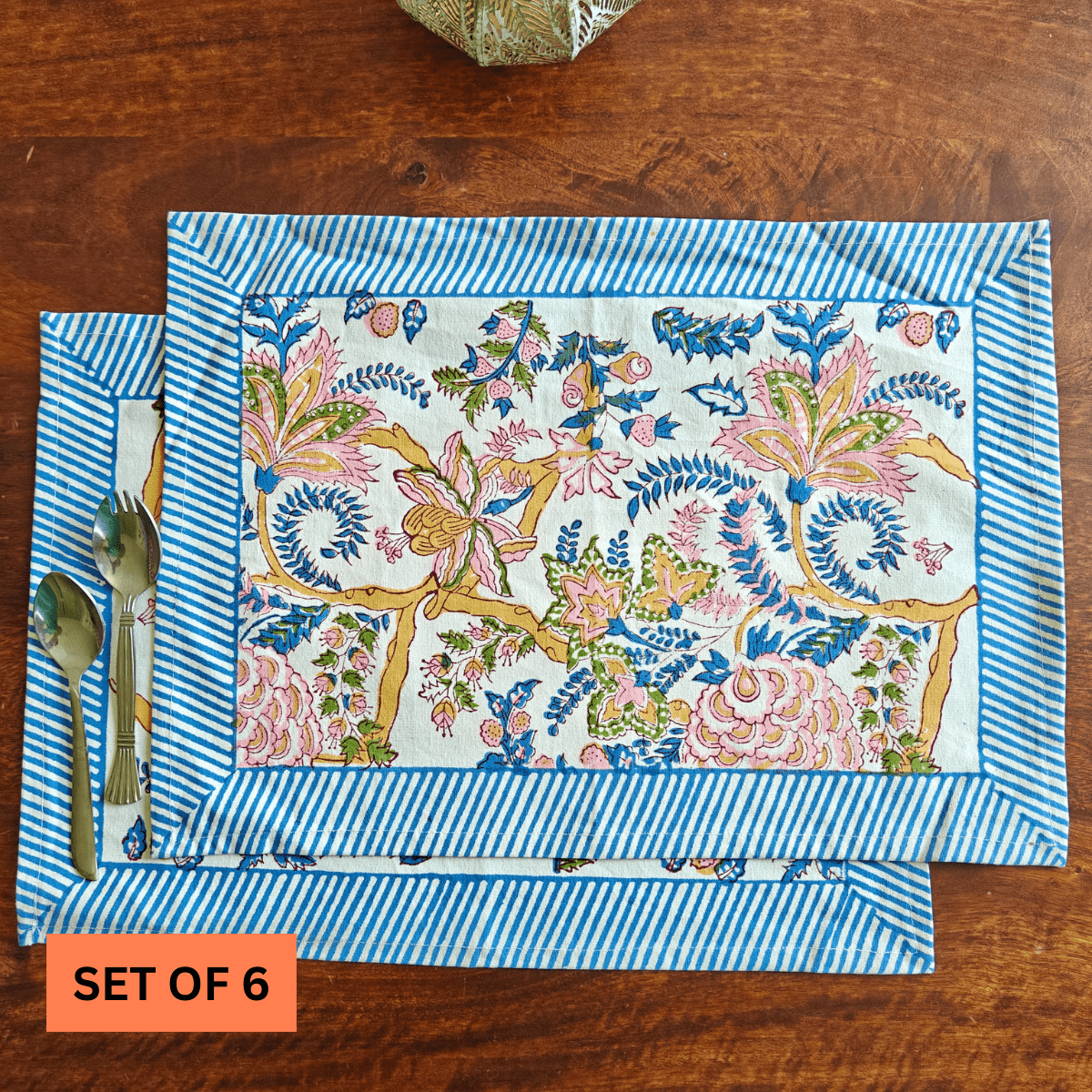 Aangan Hand Block Print Placemats, 12" x 18", Set of 6 - Coral Slub - 
