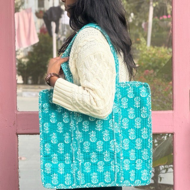 Ambar Block Print Tote Bag - Coral Slub - 