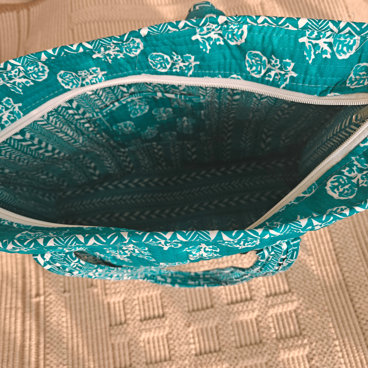 Ambar Block Print Tote Bag - Coral Slub - 