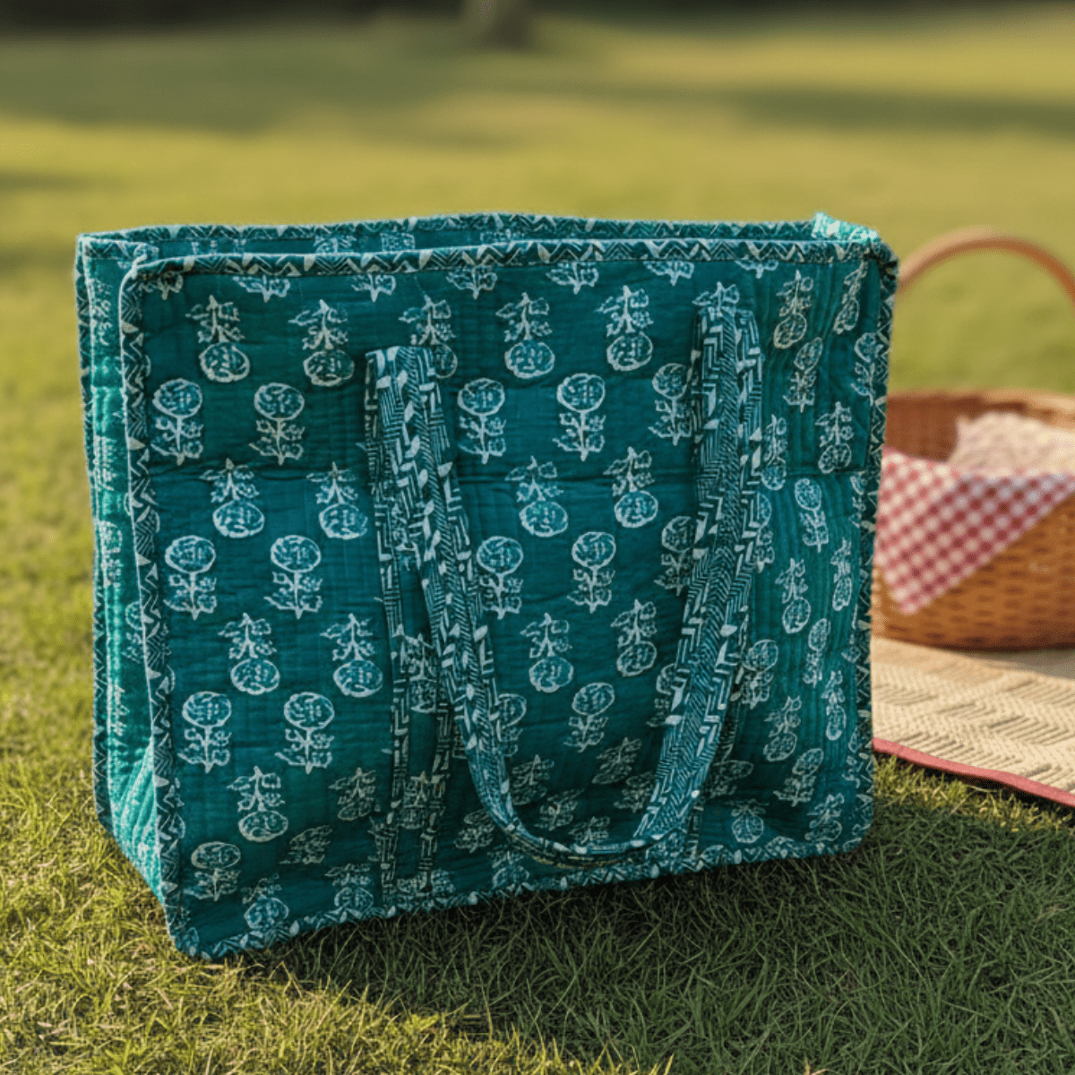 Ambar Block Print Tote Bag - Coral Slub - 