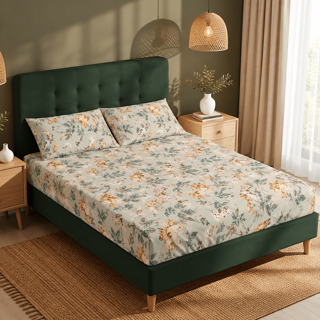Amber Bloom Fitted Bedsheet King Size - Coral Slub -