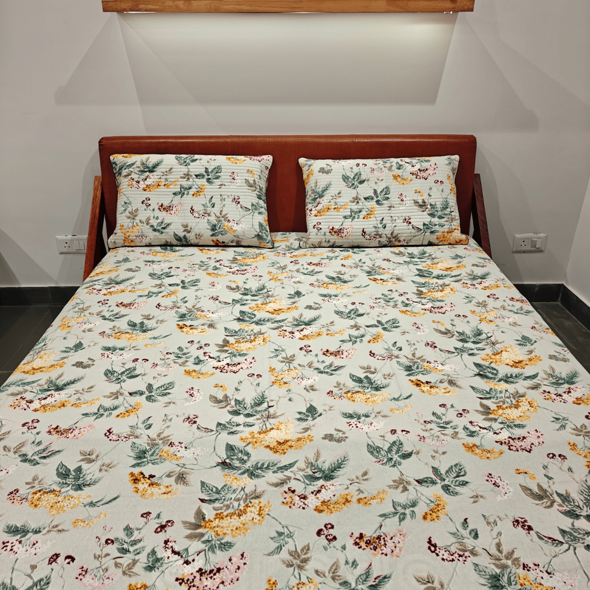 Amber Bloom King Size Bedsheet Set (108" x 108") – 100% Cotton, Quilted Pillow Covers - Coral Slub - 