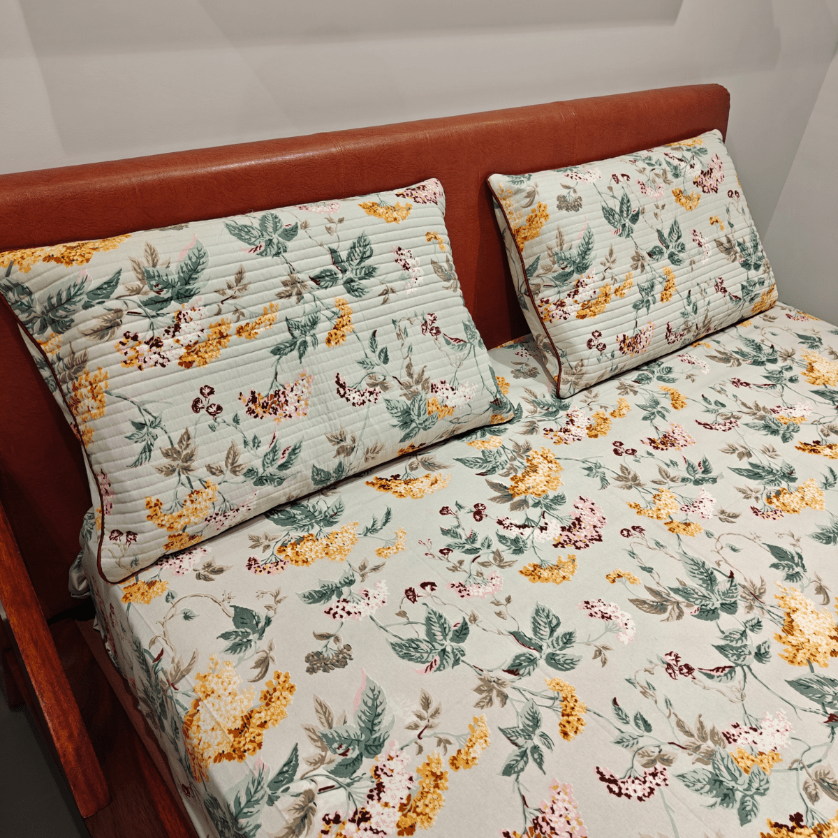 Amber Bloom King Size Bedsheet Set (108" x 108") – 100% Cotton, Quilted Pillow Covers - Coral Slub - 