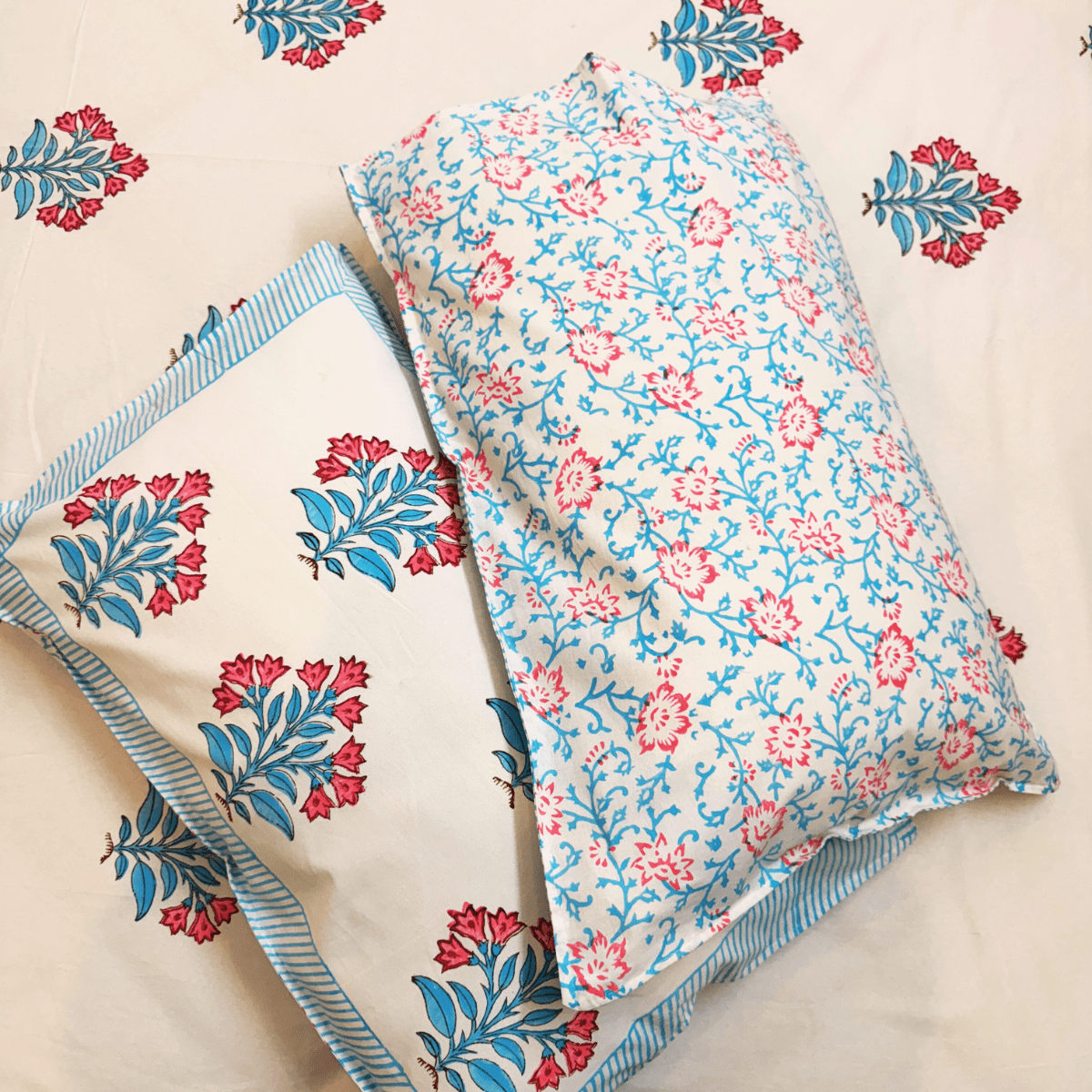 Ananya Block Print Bedsheet Set, King Size, 108" x 108" - Coral Slub - 