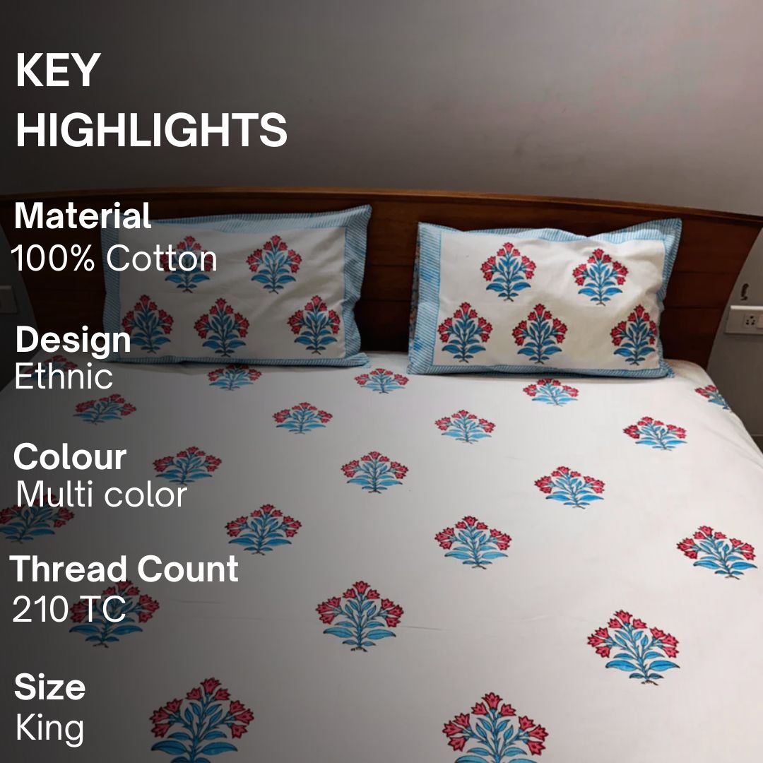 Ananya Block Print Bedsheet Set, King Size, 210 TC, 108" x 108" - Coral Slub - 