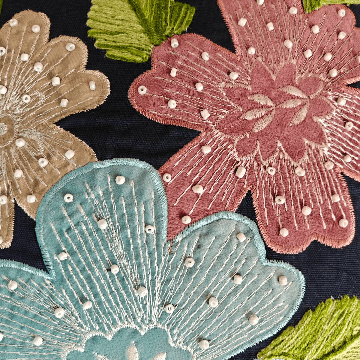 Aria Embroidered Cushion Cover, 16" x 16", Navy, Pack of 1 - Coral Slub - 