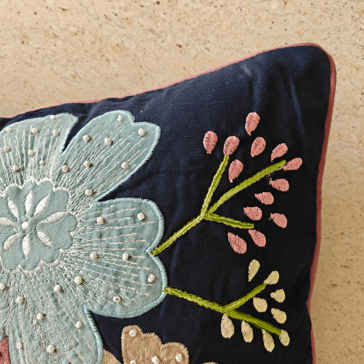 Aria Embroidered Cushion Cover, 16" x 16", Navy, Pack of 1 - Coral Slub - 