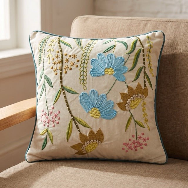 Aster Embroidered Cushion Cover - Coral Slub -
