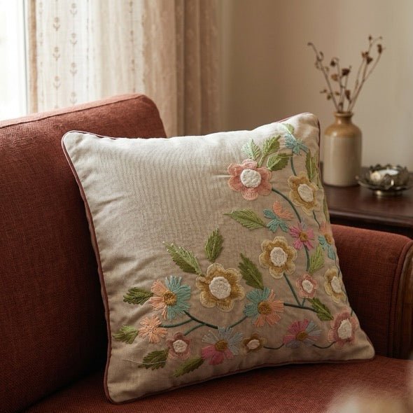 Avira Embroidered Cushion Cover - Coral Slub - 