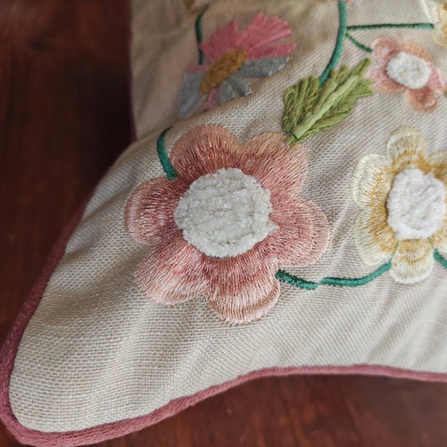 Avira Embroidered Cushion Cover - Coral Slub - 