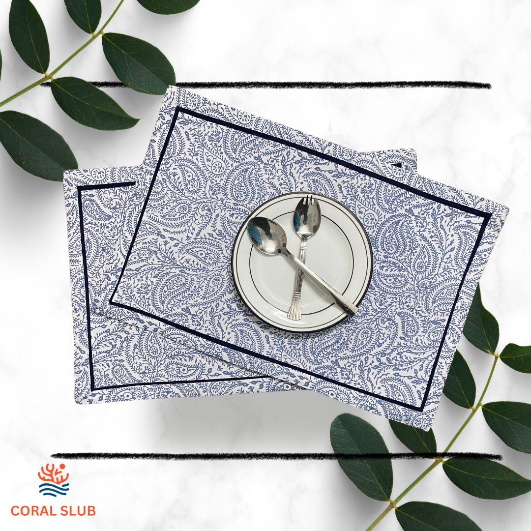 Azure Plume Cotton Placemats, 12" x 18", Set of 2 - Coral Slub - 