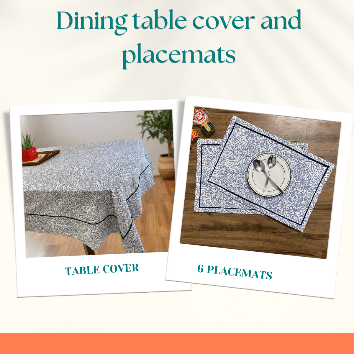 Azure Plume Dining Combo – 100% Cotton Table Cover & Placemats - Coral Slub - 