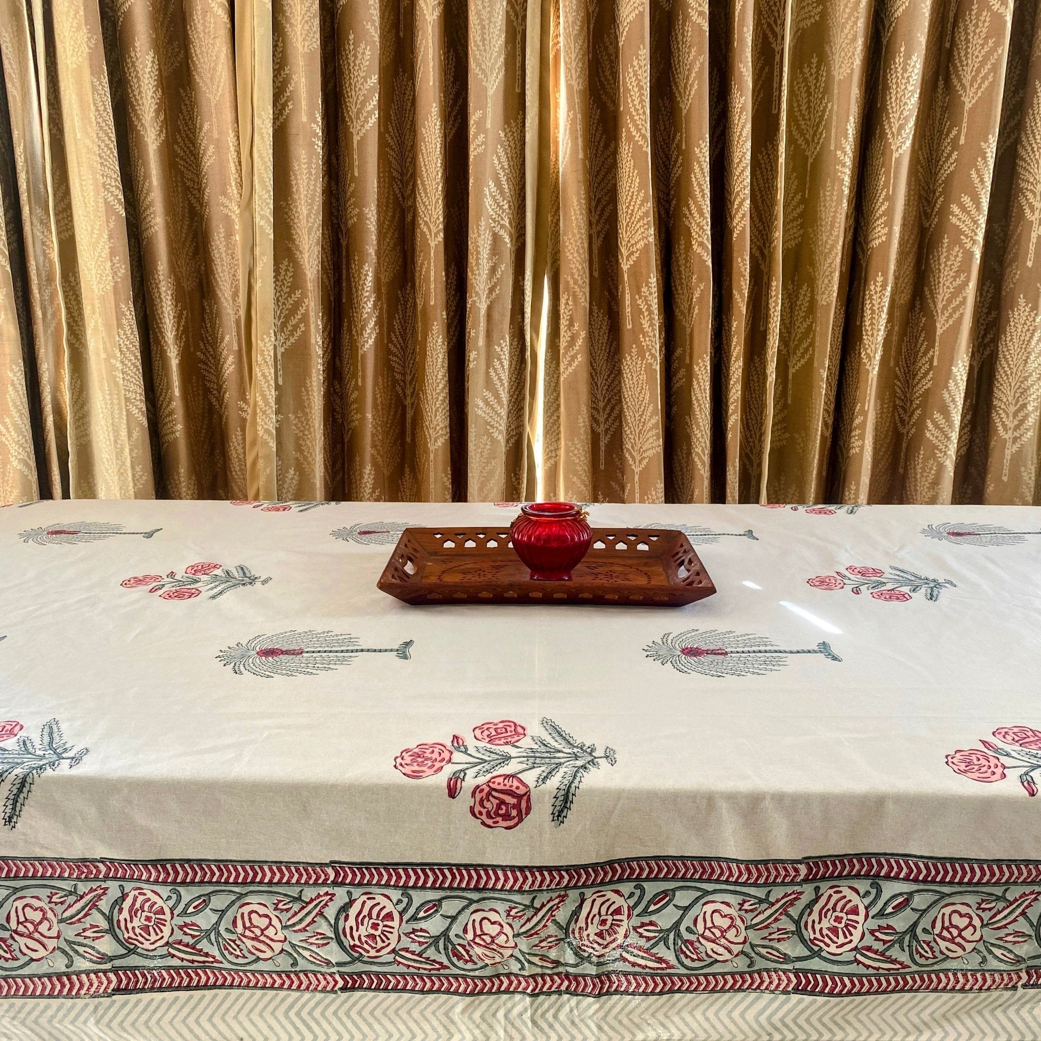 Bankuri 6 Seater Dining Table Cover, 100% Cotton, 60" x 90" - Coral Slub - 