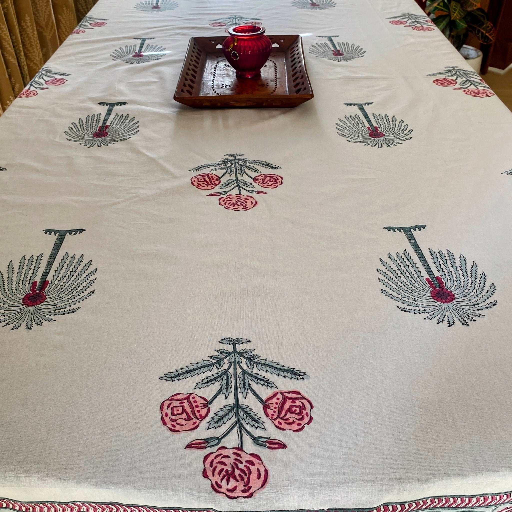 Bankuri 6 Seater Dining Table Cover, 100% Cotton, 60" x 90" - Coral Slub - 