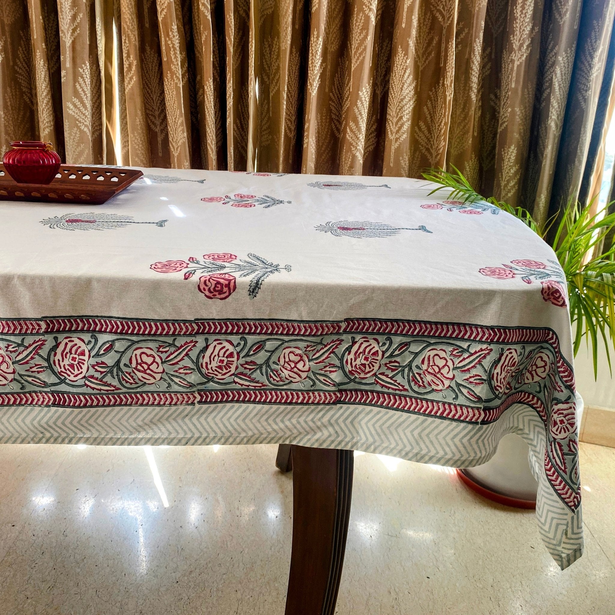 Bankuri 6 Seater Dining Table Cover, 100% Cotton, 60" x 90" - Coral Slub - 