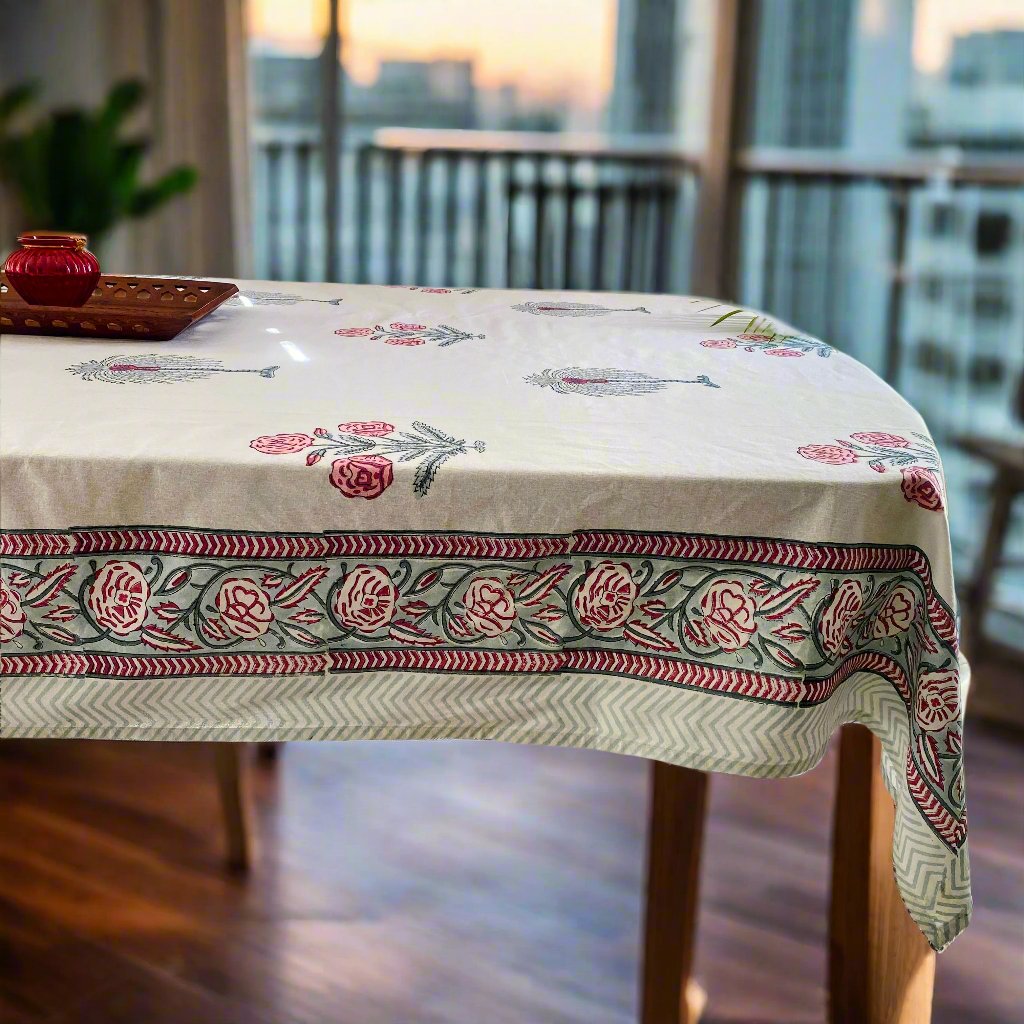 Bankuri 6 Seater Dining Table Cover, 100% Cotton, 60" x 90" - Coral Slub - 