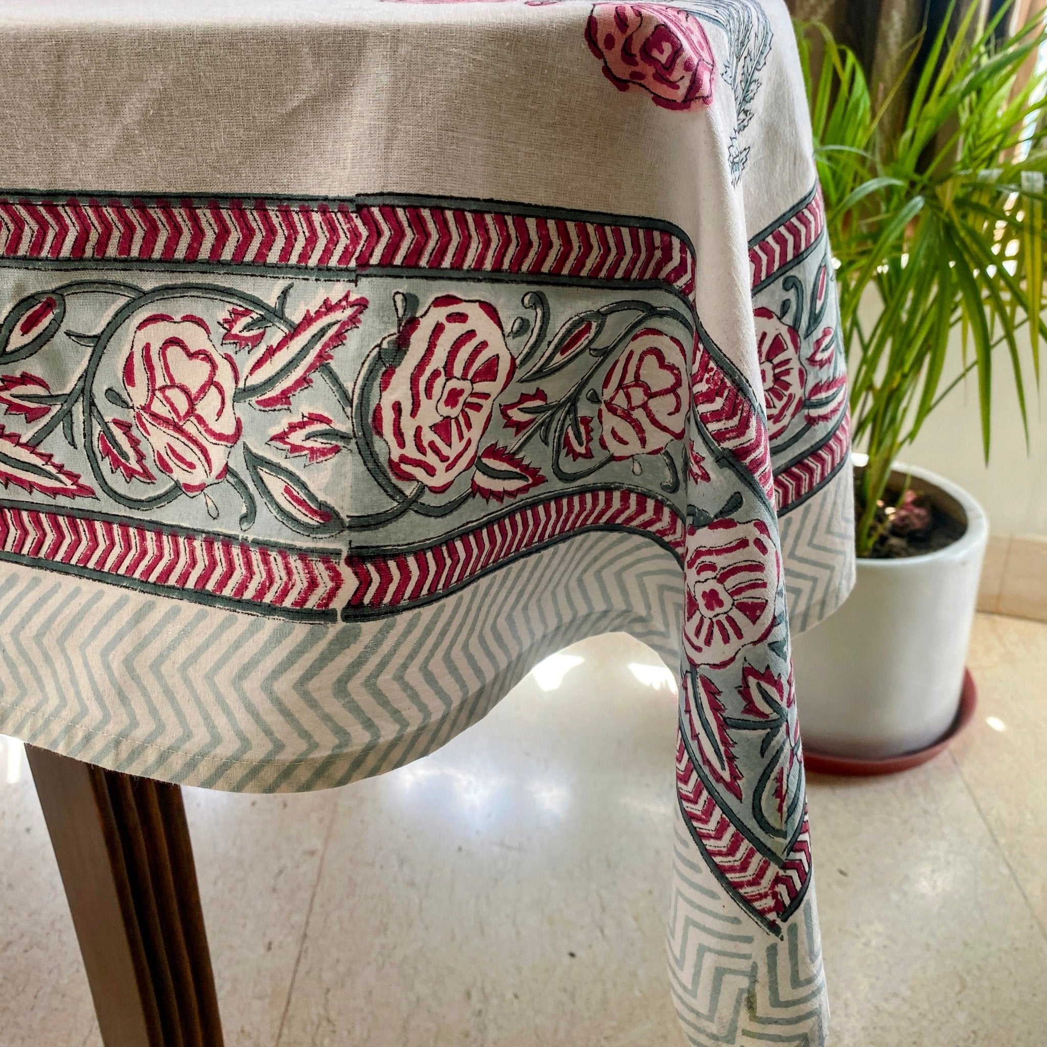 Bankuri 6 Seater Dining Table Cover, 100% Cotton, 60" x 90" - Coral Slub - 