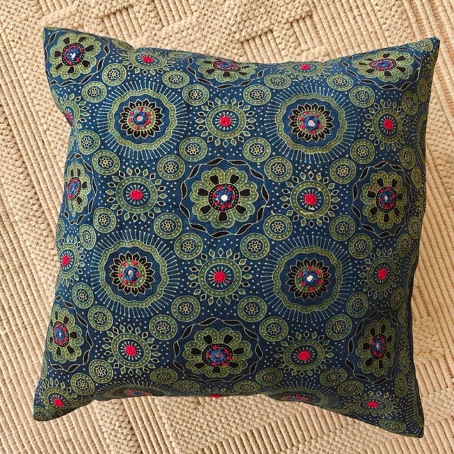 Barkha Ajrak Print Cushion Cover, 16" x 16", Pack of 1 - Coral Slub -