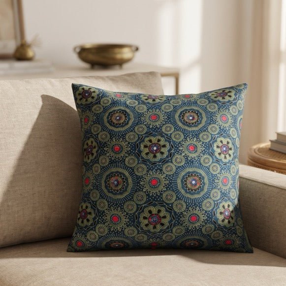 Barkha Ajrak Print Cushion Cover, 16" x 16", Pack of 1 - Coral Slub -