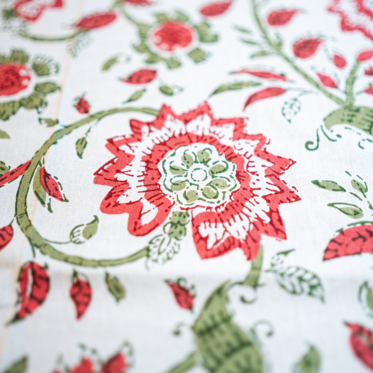 Blossom 6 Seater Dining Table Cover, Block Print, 100% Cotton, 60" x 90" - Coral Slub - 