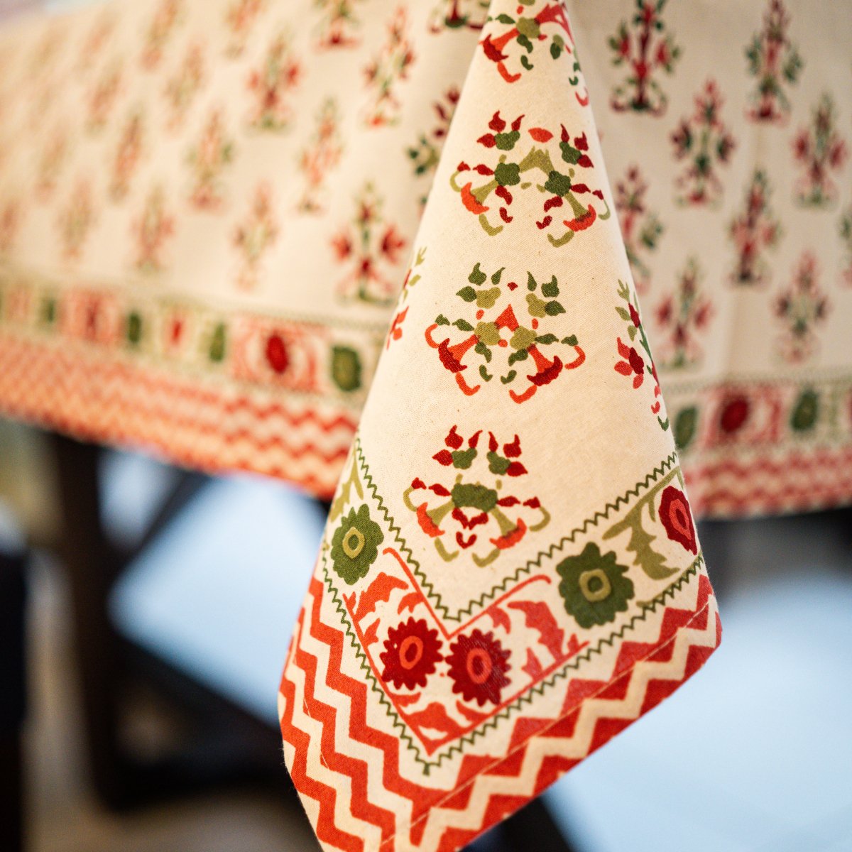 Blossom 6 Seater Dining Table Cover, Block Print, 100% Cotton, 60" x 90" - Coral Slub - 