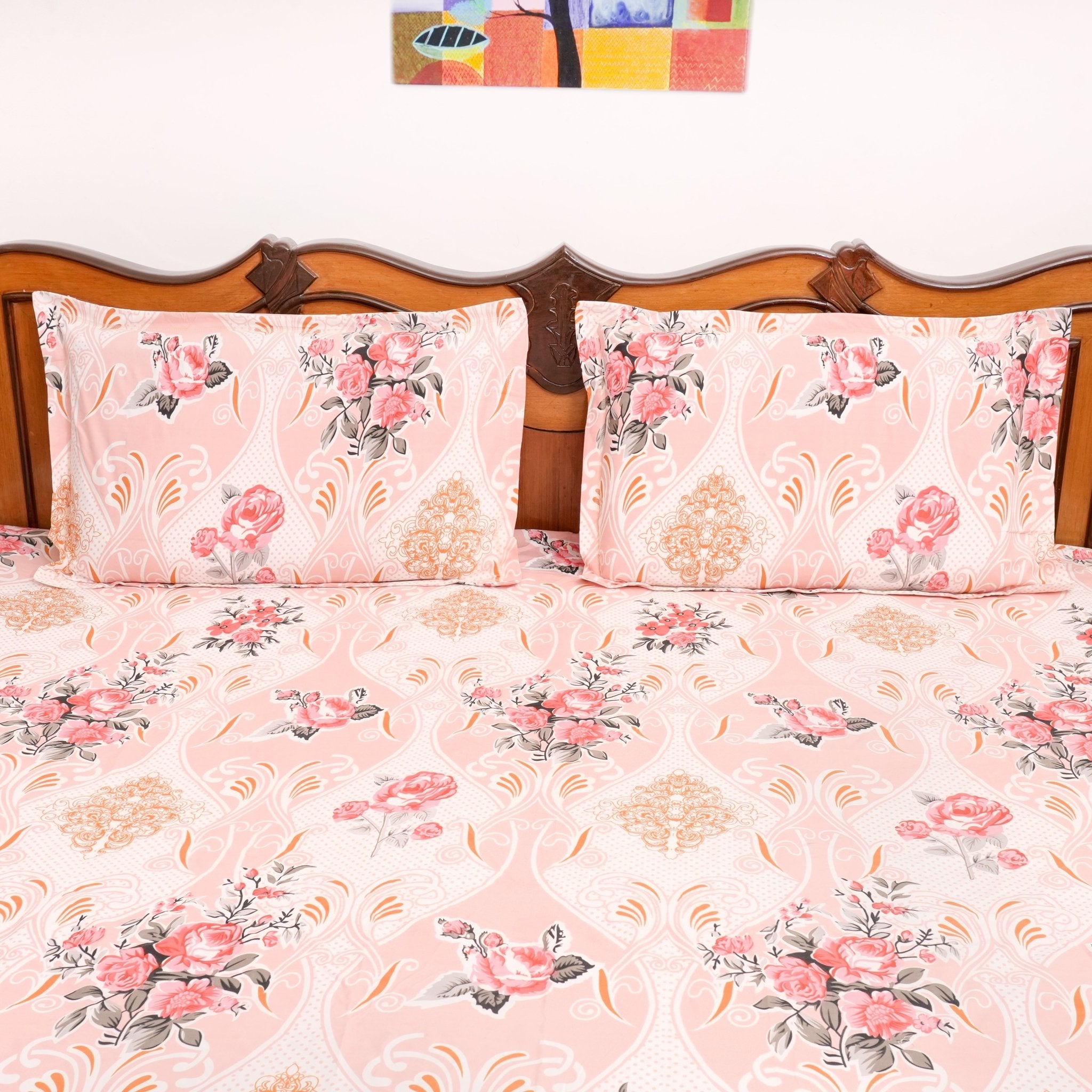 Blossom Harmony Double Bed Sheet Set, 90" x 100" - Coral Slub - 