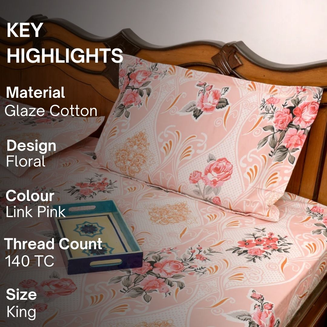 Blossom Harmony Pink Double Bed Sheet Set, 90" x 100" - Coral Slub - 