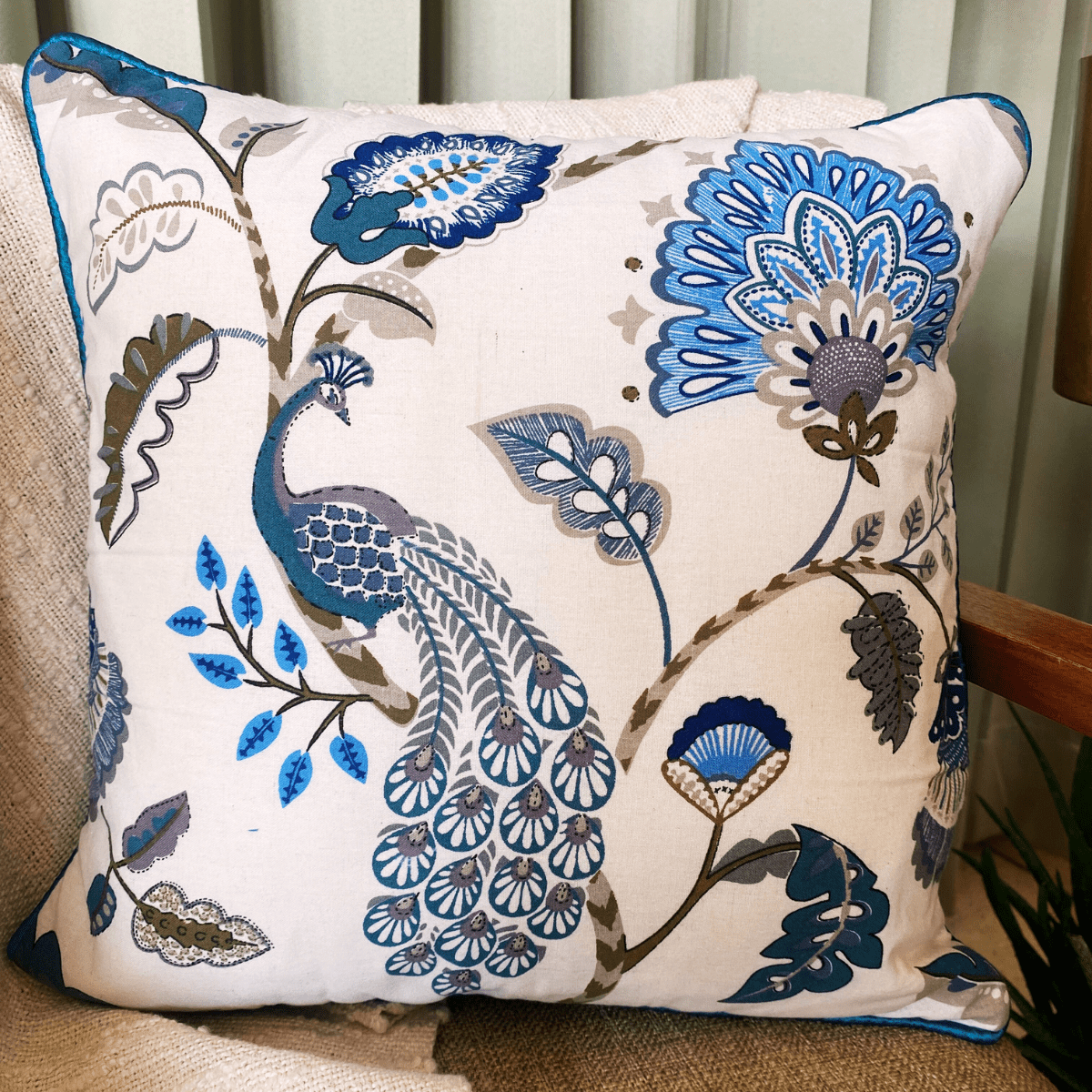 Blue Bloom Cushion Cover, 16" x 16", Pack of 2 - Coral Slub - 