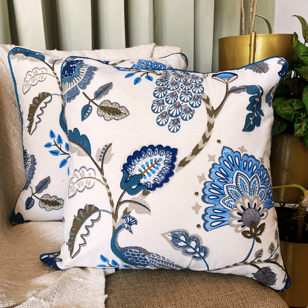 Blue Bloom Cushion Cover, 16" x 16", Pack of 2 - Coral Slub - 