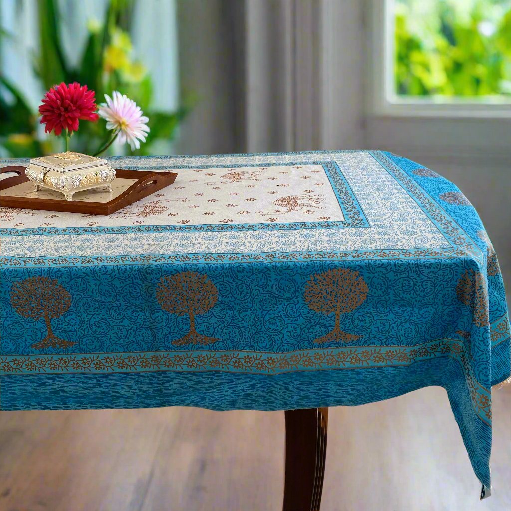 Blue Cypress 6 Seater Dining Table Cover, 100% Cotton, 60" x 90" - Coral Slub - 