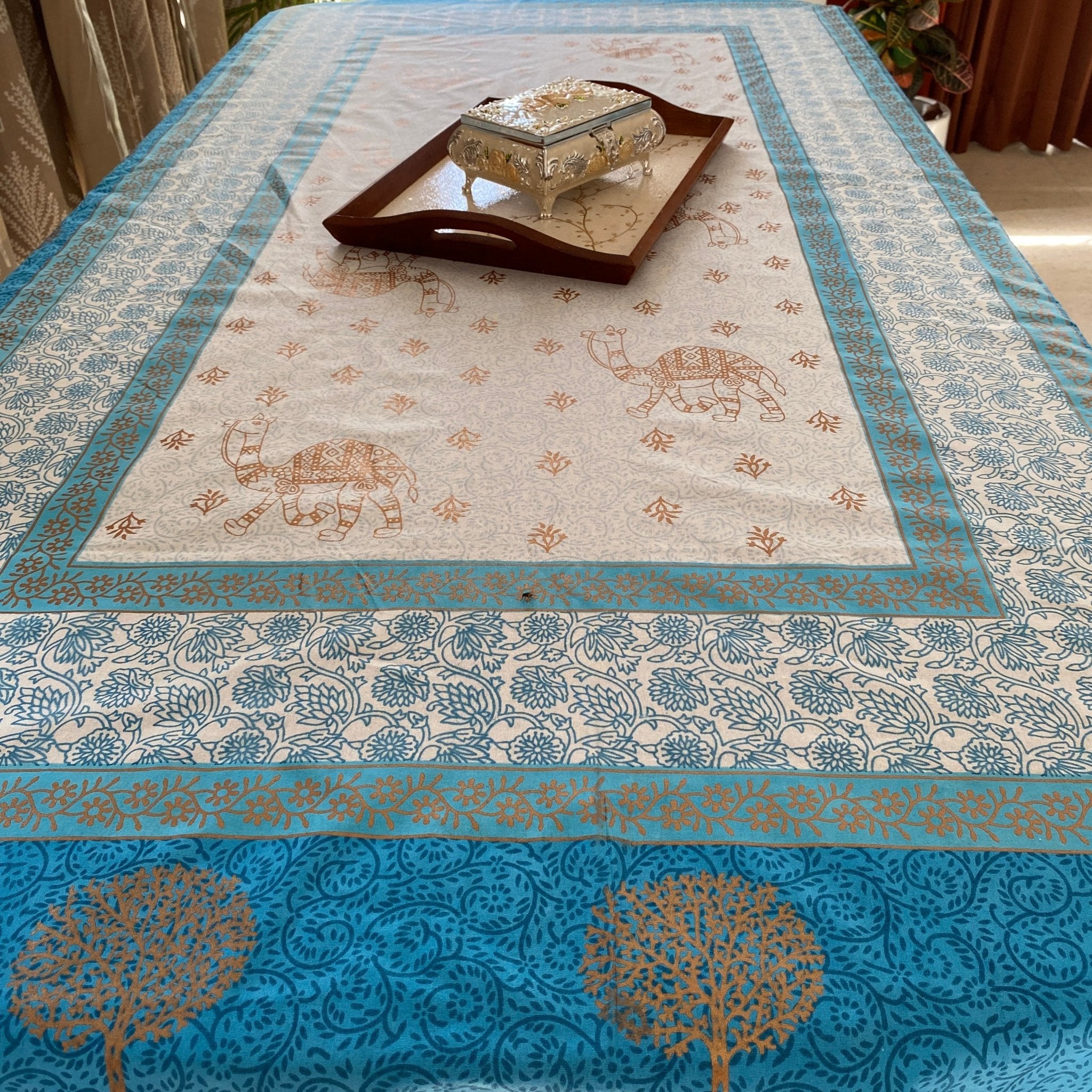 Blue Cypress 6 Seater Dining Table Cover, 100% Cotton, 60" x 90" - Coral Slub - 