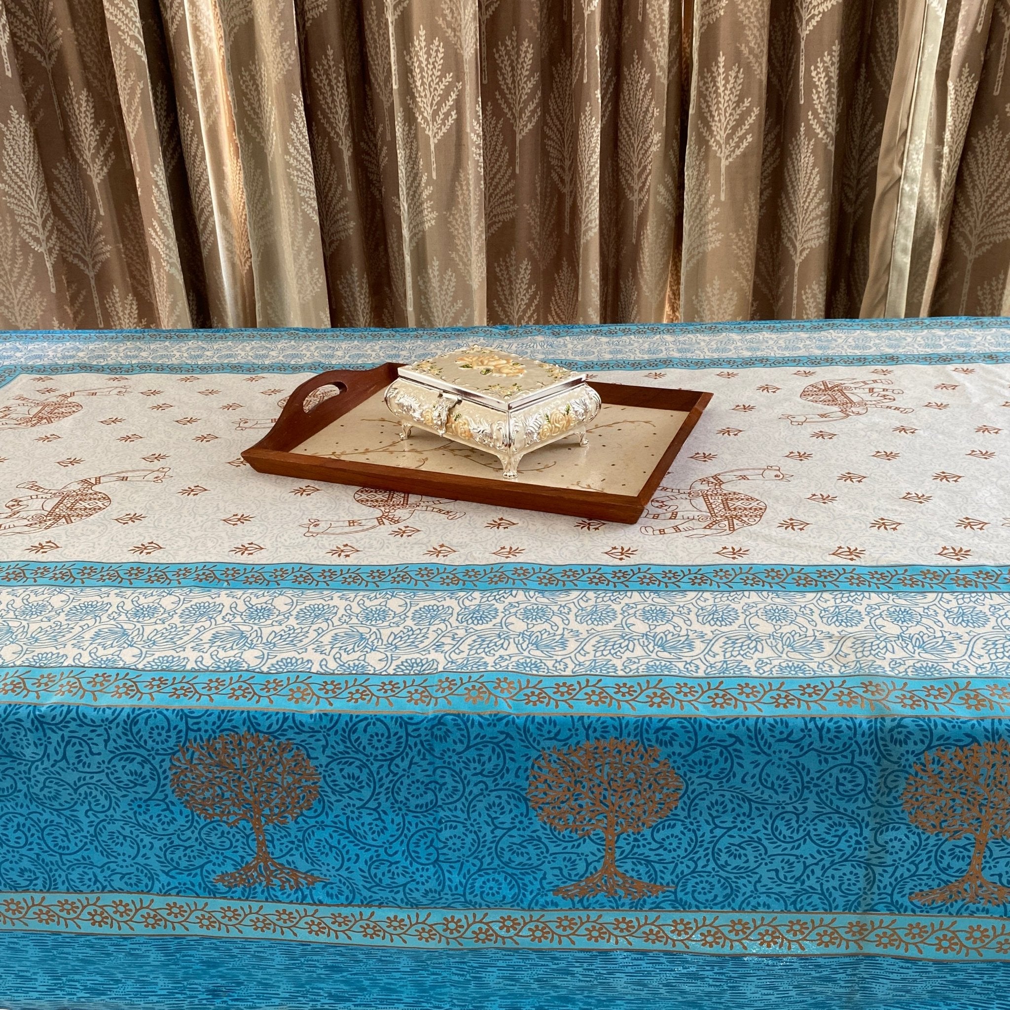 Blue Cypress 6 Seater Dining Table Cover, 100% Cotton, 60" x 90" - Coral Slub - 