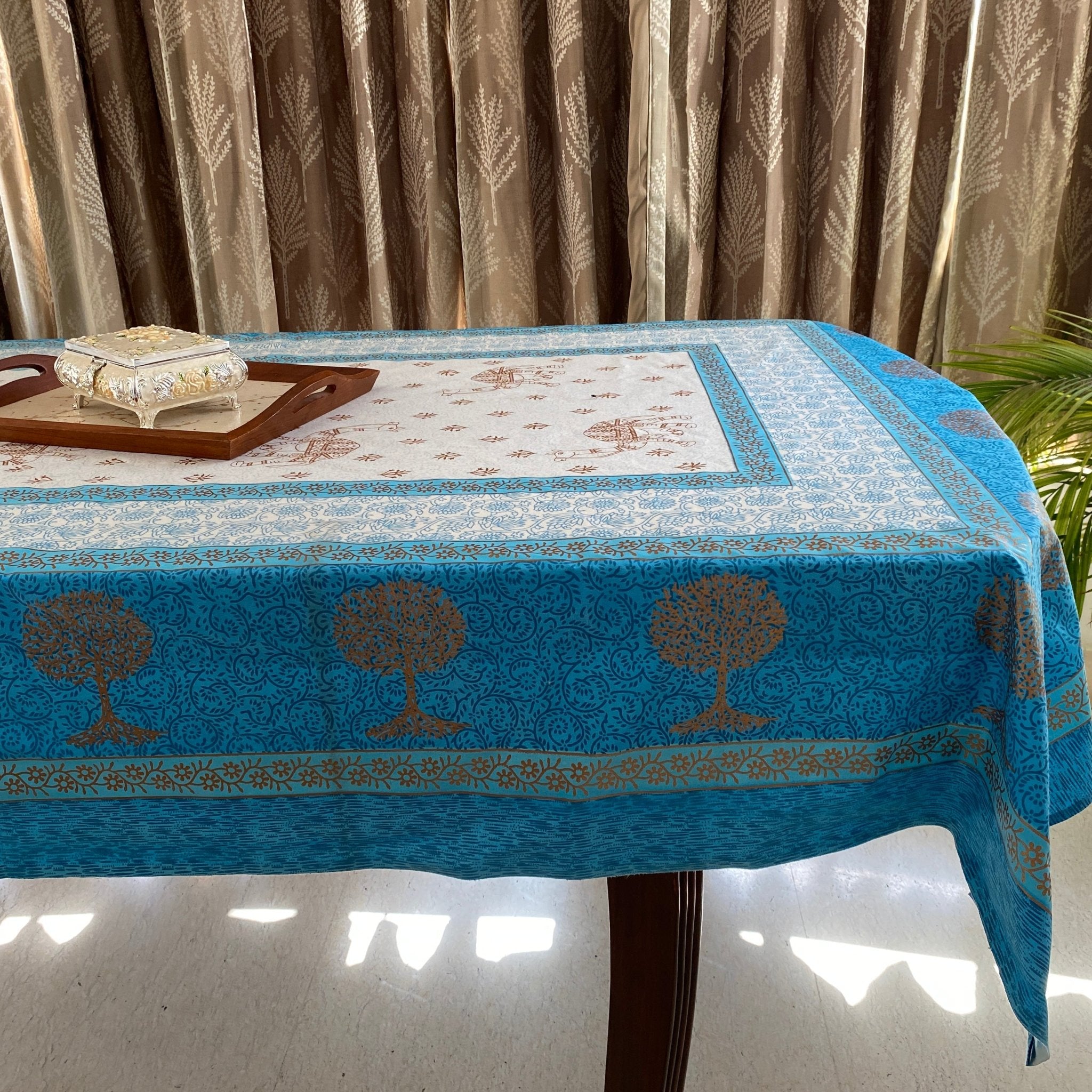 Blue Cypress 6 Seater Dining Table Cover, 100% Cotton, 60" x 90" - Coral Slub - 