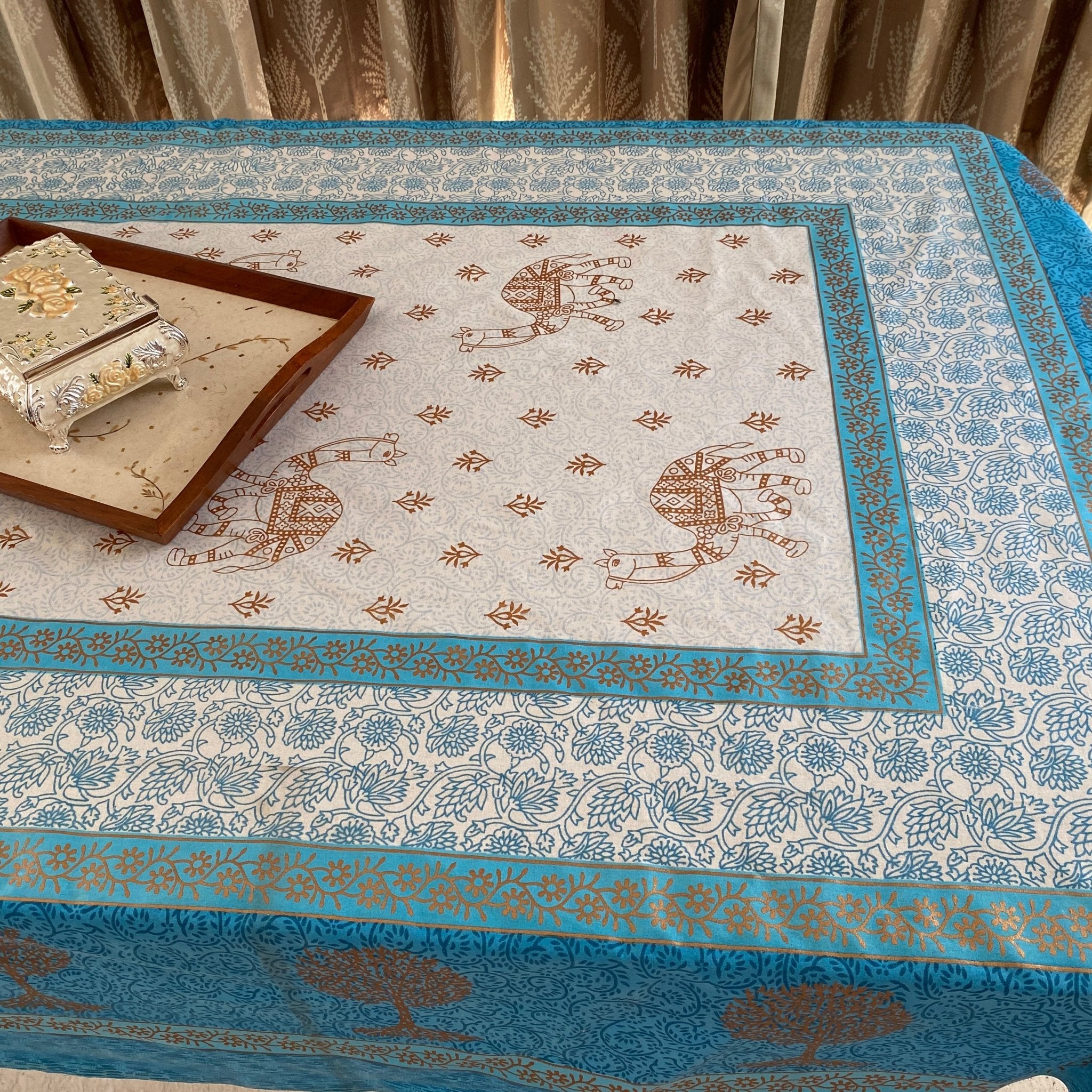 Blue Cypress 6 Seater Dining Table Cover, 100% Cotton, 60" x 90" - Coral Slub - 