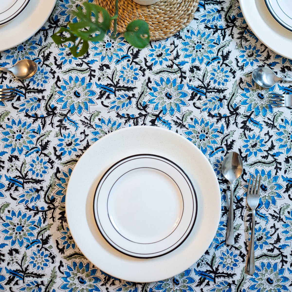 Blue Daisy 6 Seater Dining Table Cover, Block Print, 100% Cotton, 60" x 90" - Coral Slub - 