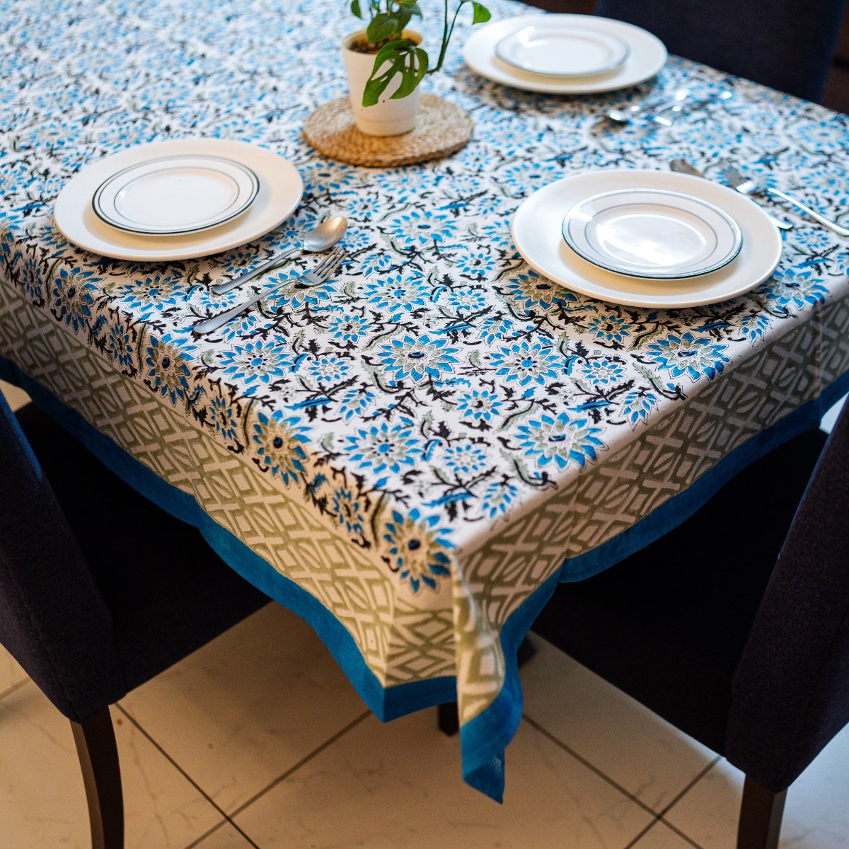 Blue Daisy 6 Seater Dining Table Cover, Block Print, 100% Cotton, 60" x 90" - Coral Slub - 