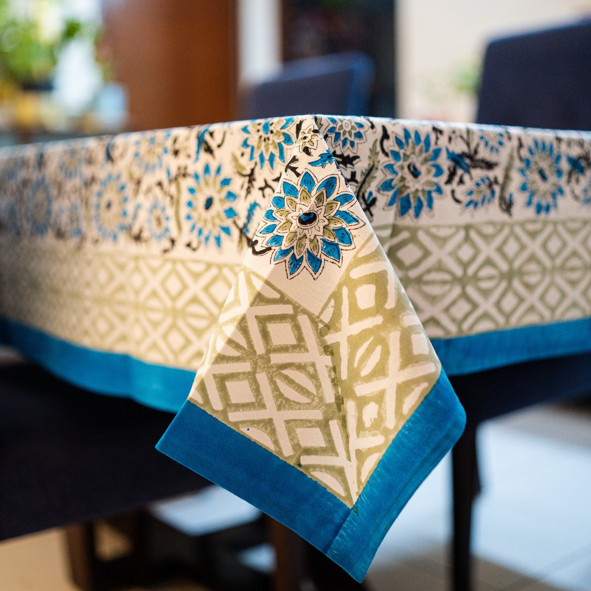 Blue Daisy 6 Seater Dining Table Cover, Block Print, 100% Cotton, 60" x 90" - Coral Slub - 