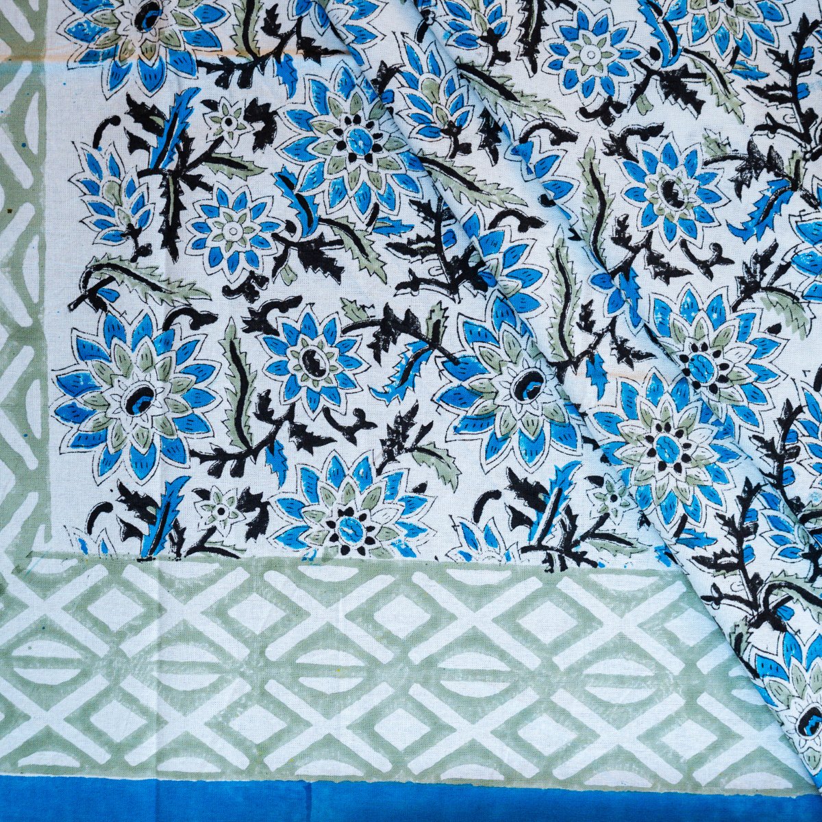 Blue Daisy 6 Seater Dining Table Cover, Block Print, 100% Cotton, 60" x 90" - Coral Slub - 