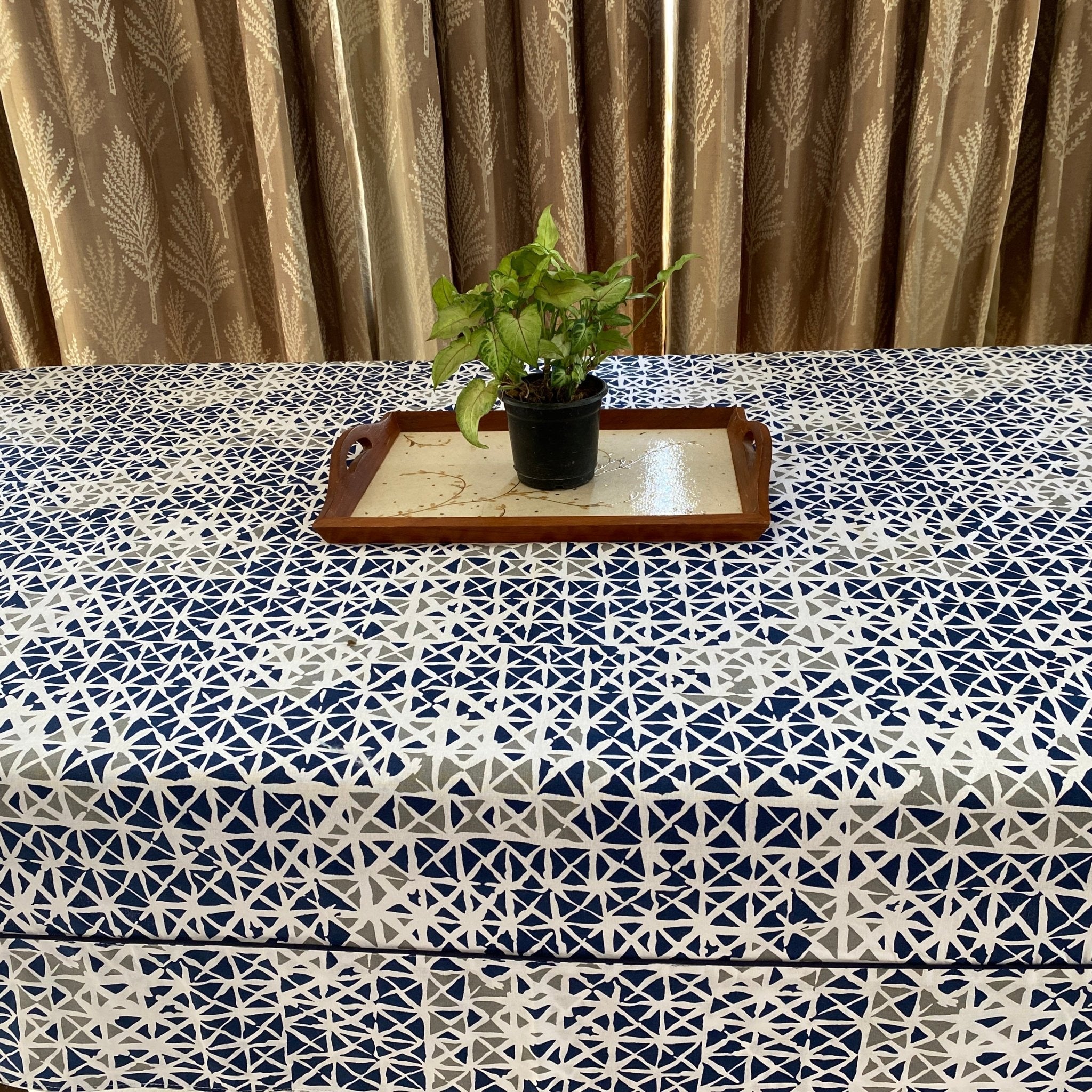 Blue Kaleidoscope 6 Seater Dining Table Cover, 100% Cotton, 60" x 90" - Coral Slub - 