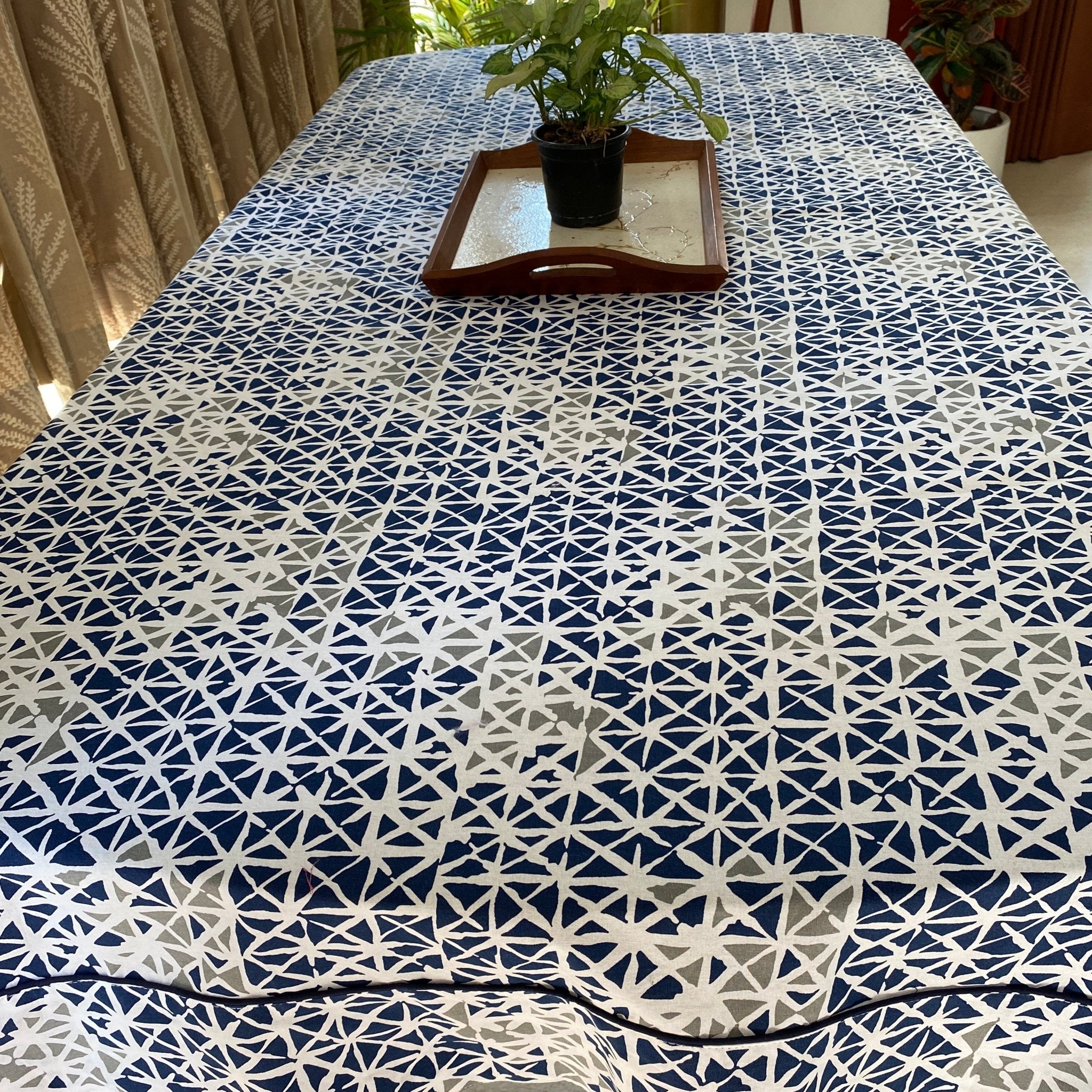 Blue Kaleidoscope 6 Seater Dining Table Cover, 100% Cotton, 60" x 90" - Coral Slub - 