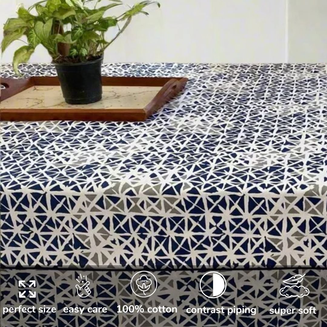 Blue Kaleidoscope 6 Seater Dining Table Cover, 100% Cotton, 60" x 90" - Coral Slub - 