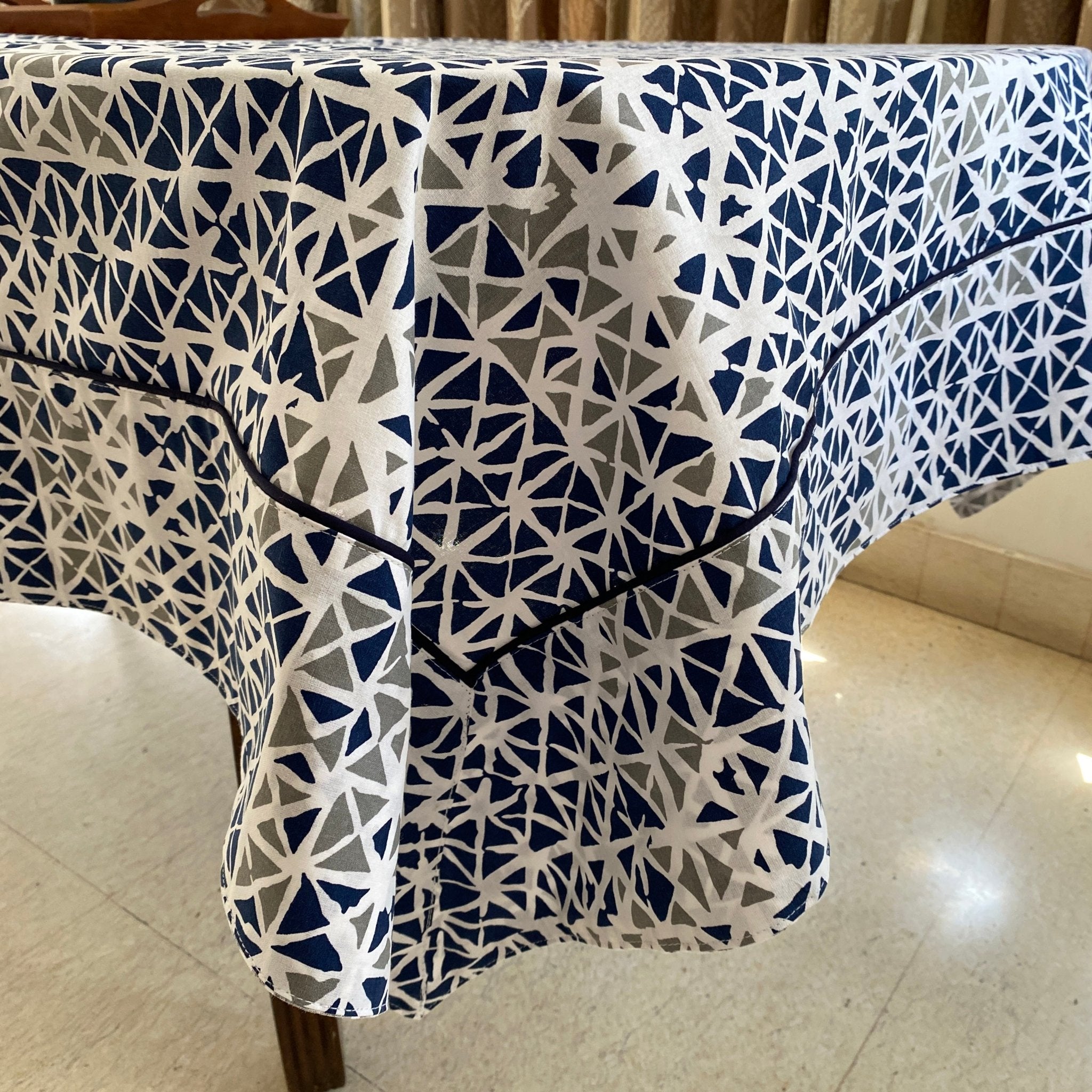 Blue Kaleidoscope 6 Seater Dining Table Cover, 100% Cotton, 60" x 90" - Coral Slub - 