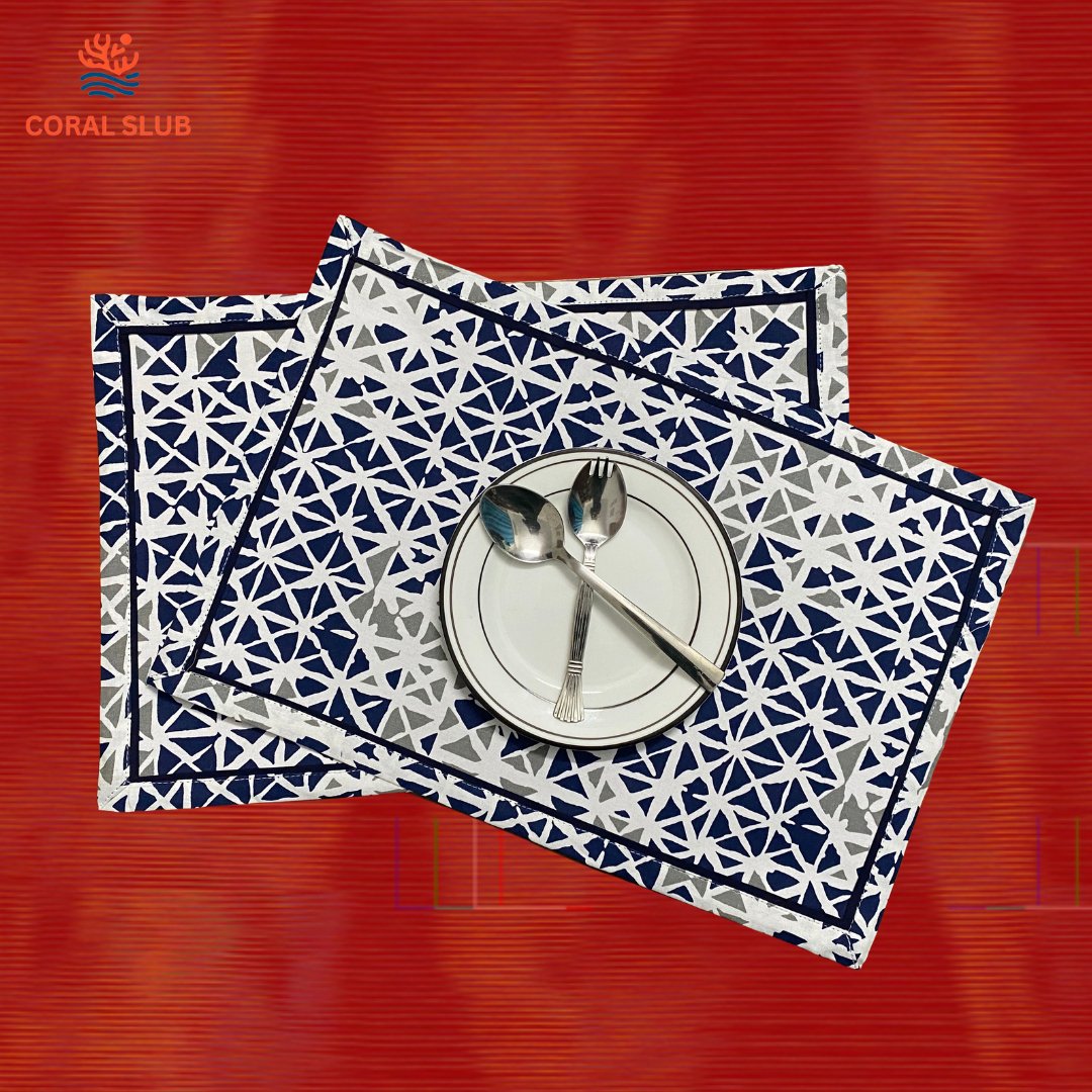 Blue Kaleidoscope Cotton Placemats, 12" x 18", Set of 2 - Coral Slub - 
