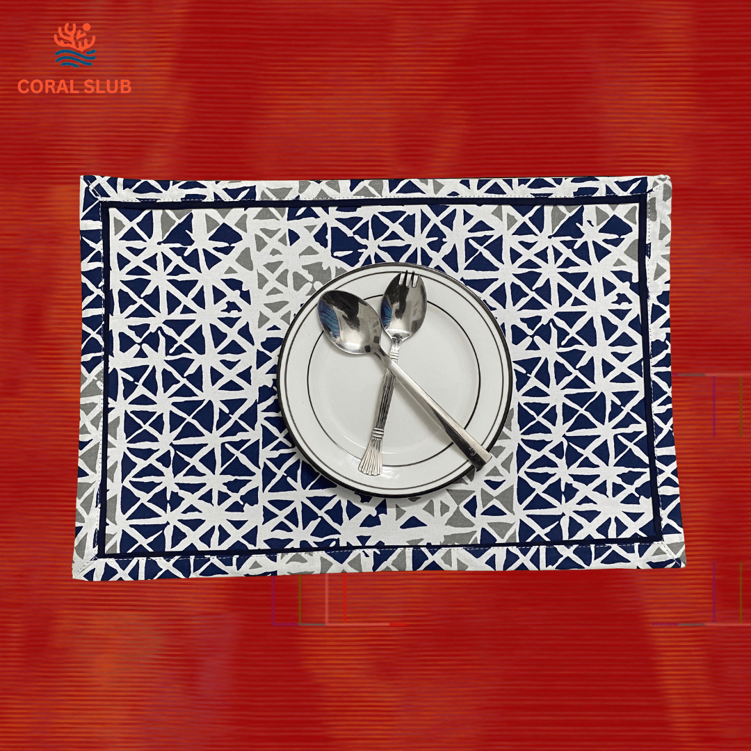Blue Kaleidoscope Dining Combo – 100% Cotton Table Cover & Placemats - Coral Slub - 