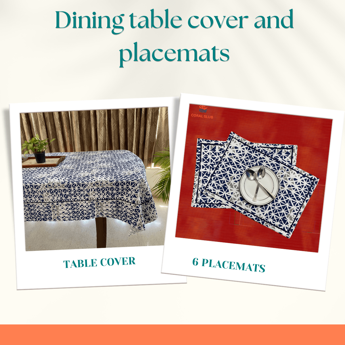 Blue Kaleidoscope Dining Combo – 100% Cotton Table Cover & Placemats - Coral Slub - 